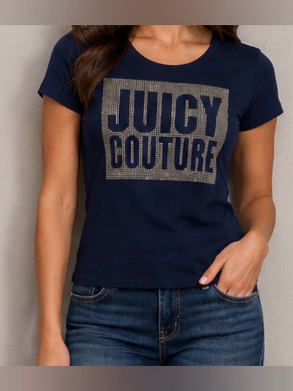 Vintage Juicy Couture Shirt Navy T-Shirt Top Blouse Y2K Gold Glitter Blue Bling
